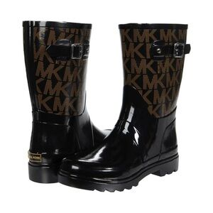 Michael Kors Women's MK Logo Mid Rain Boots Rubber Bootie Black Brown- Size 8